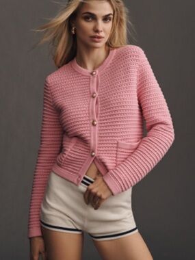 Anthropologie NVLT Pink Knit Lady Jacket Cardigan Gold Buttons Size S